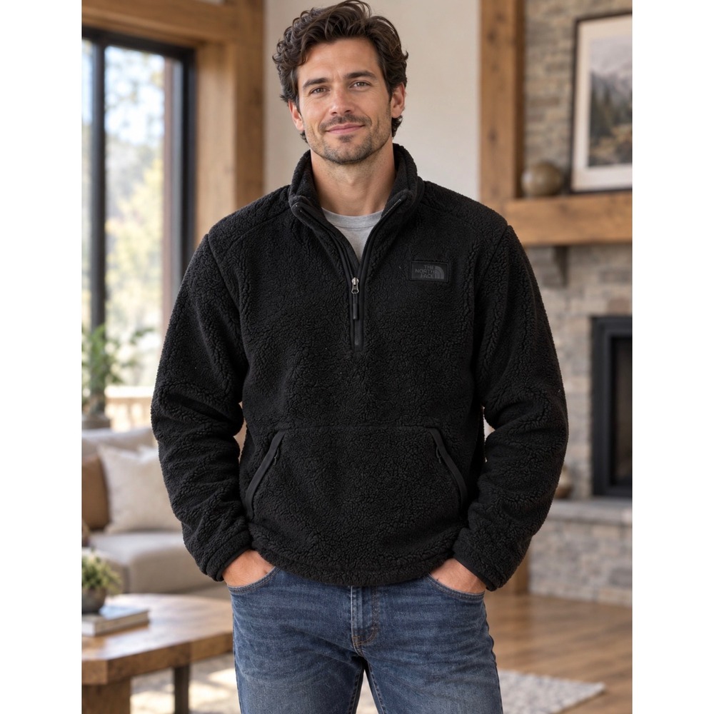 The North Face Mens Black Sherpa Fleece Quarter Zip Pullover Jacket Size Medium